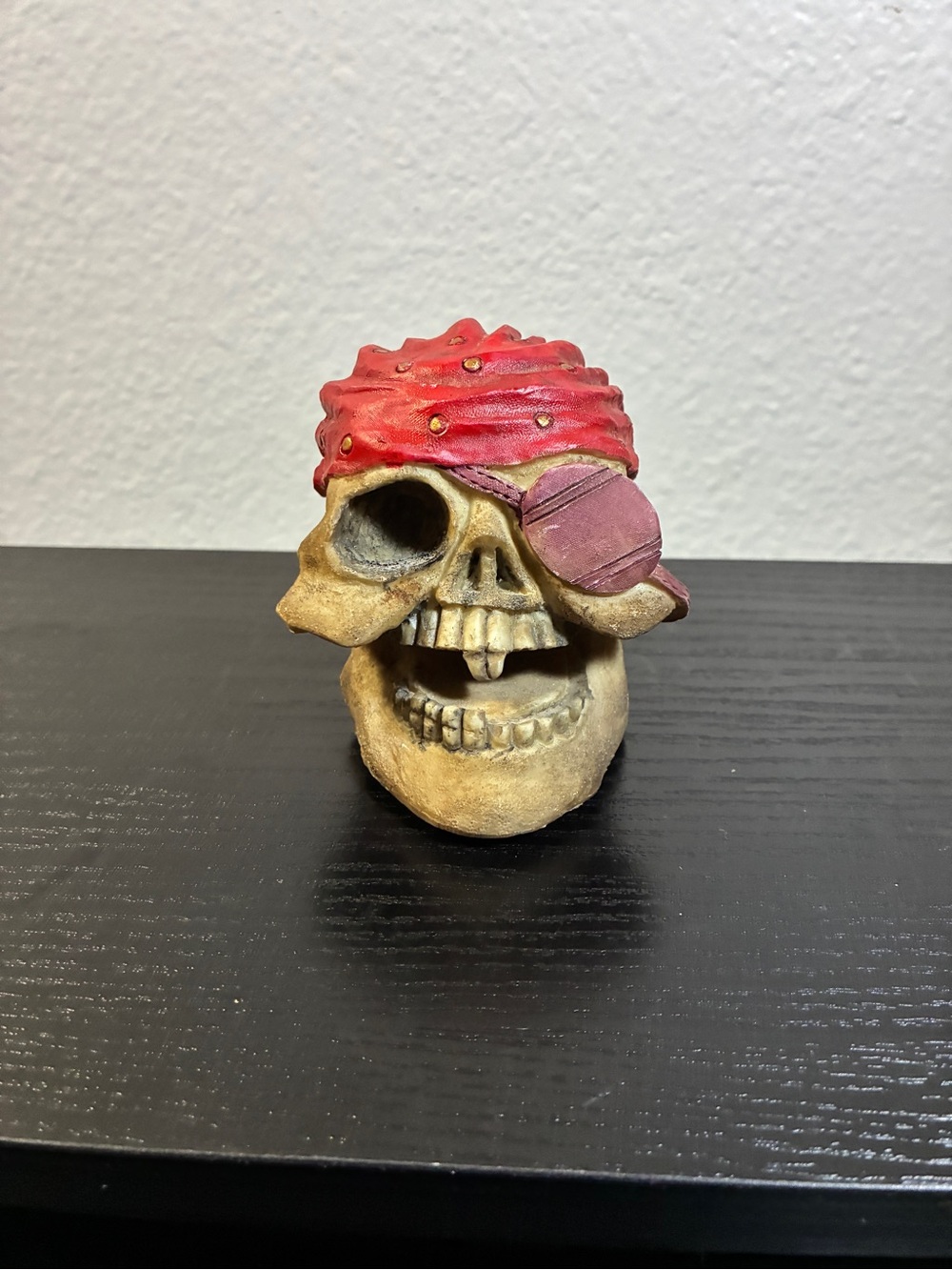 Vtg Skull Pirate Figurine Coin Bank Collectible w/ Red Bandana & Eyepatch Accent